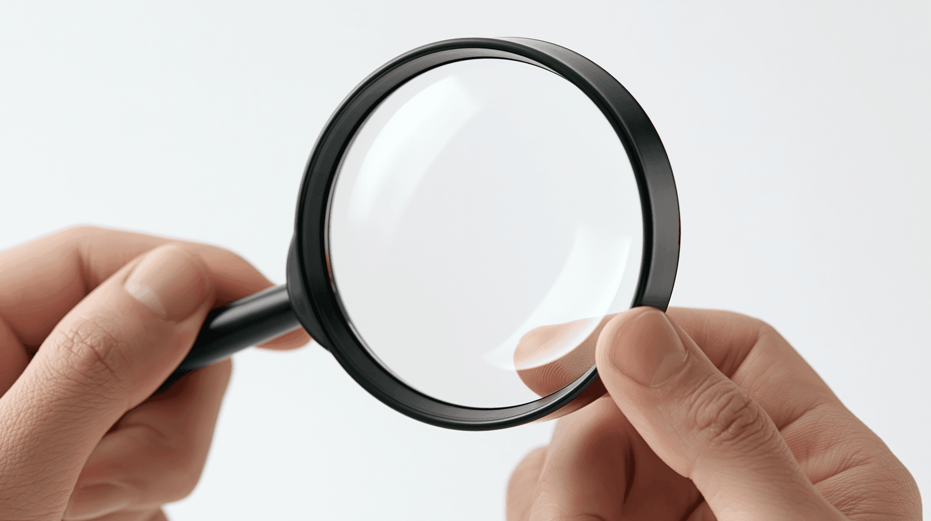 A pair of hands holding a magnifying glass up to an empty white field