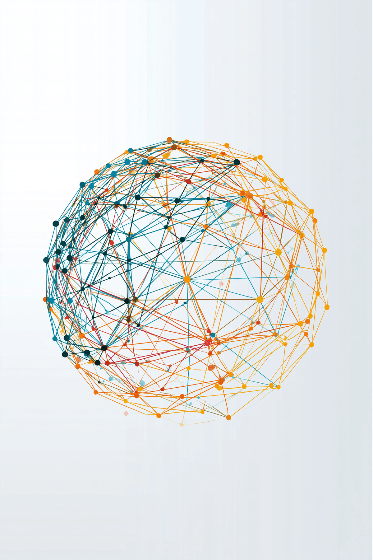A sphere drawn as a lattice of teal and amber lines meeting at coloured nodes