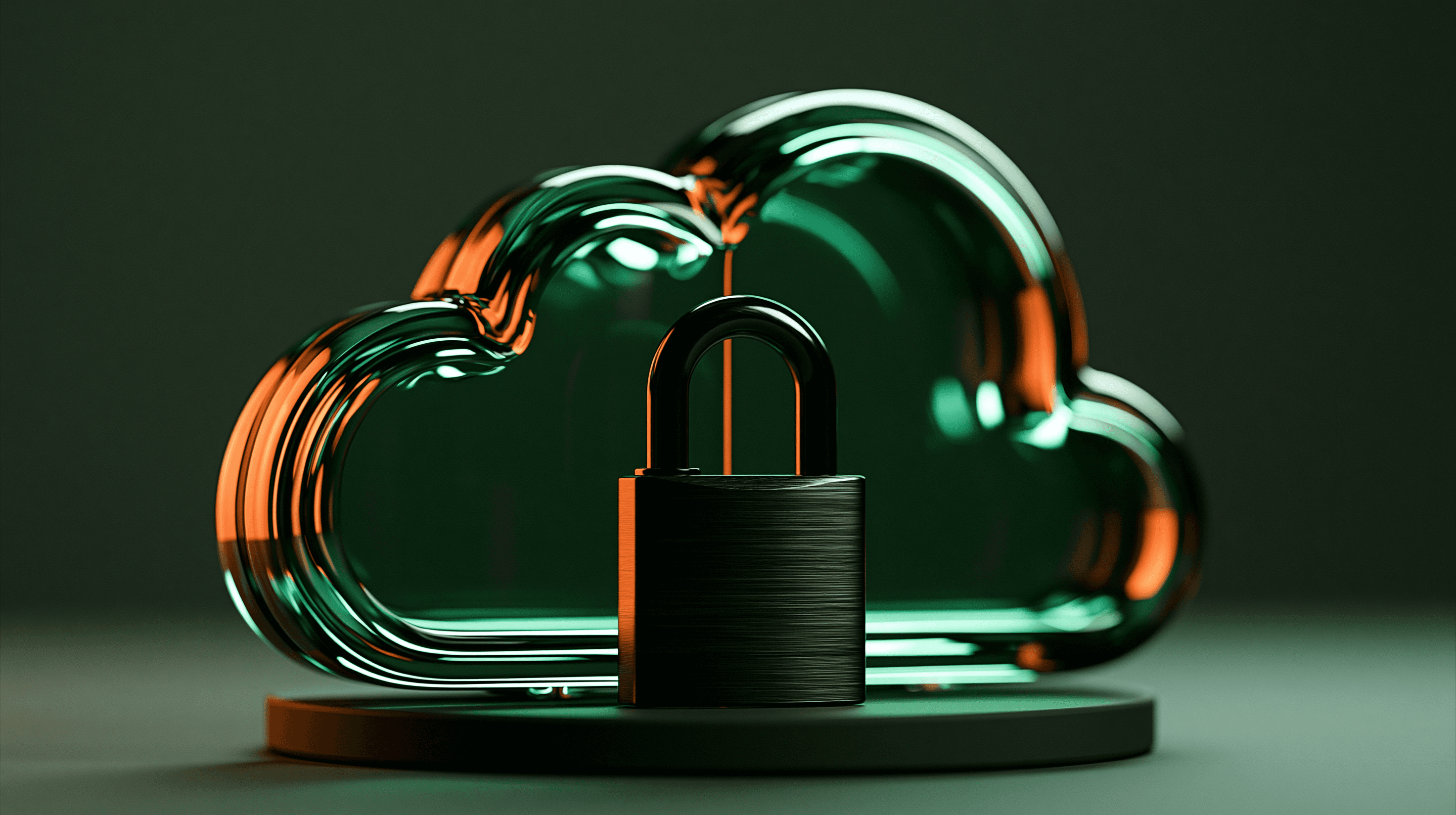 A dark padlock standing in front of a glass cloud lit in green and orange