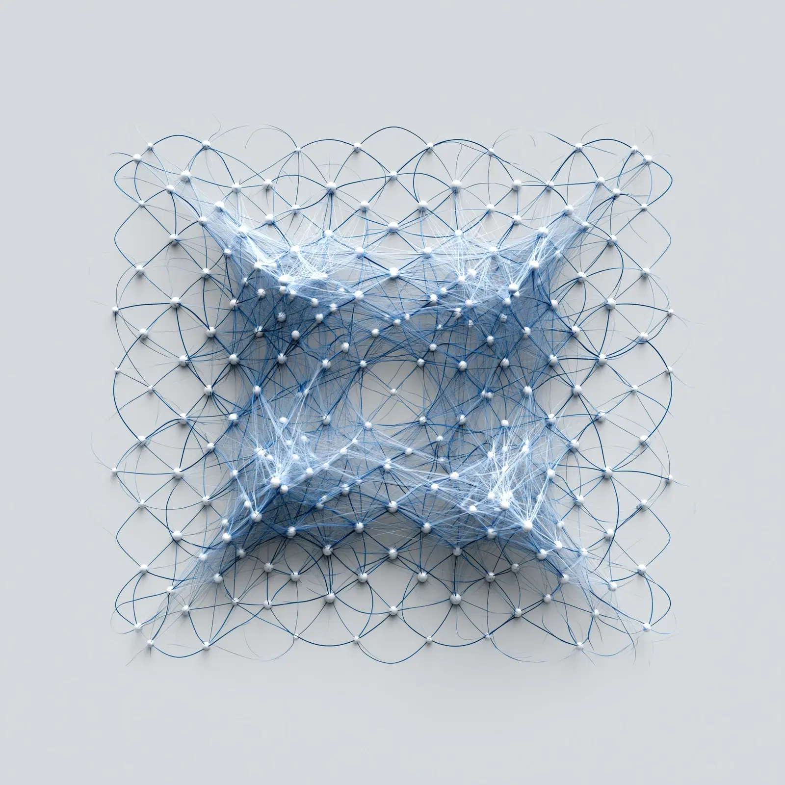 A dense square lattice of blue threads meeting at white nodes, layered over a wider regular grid