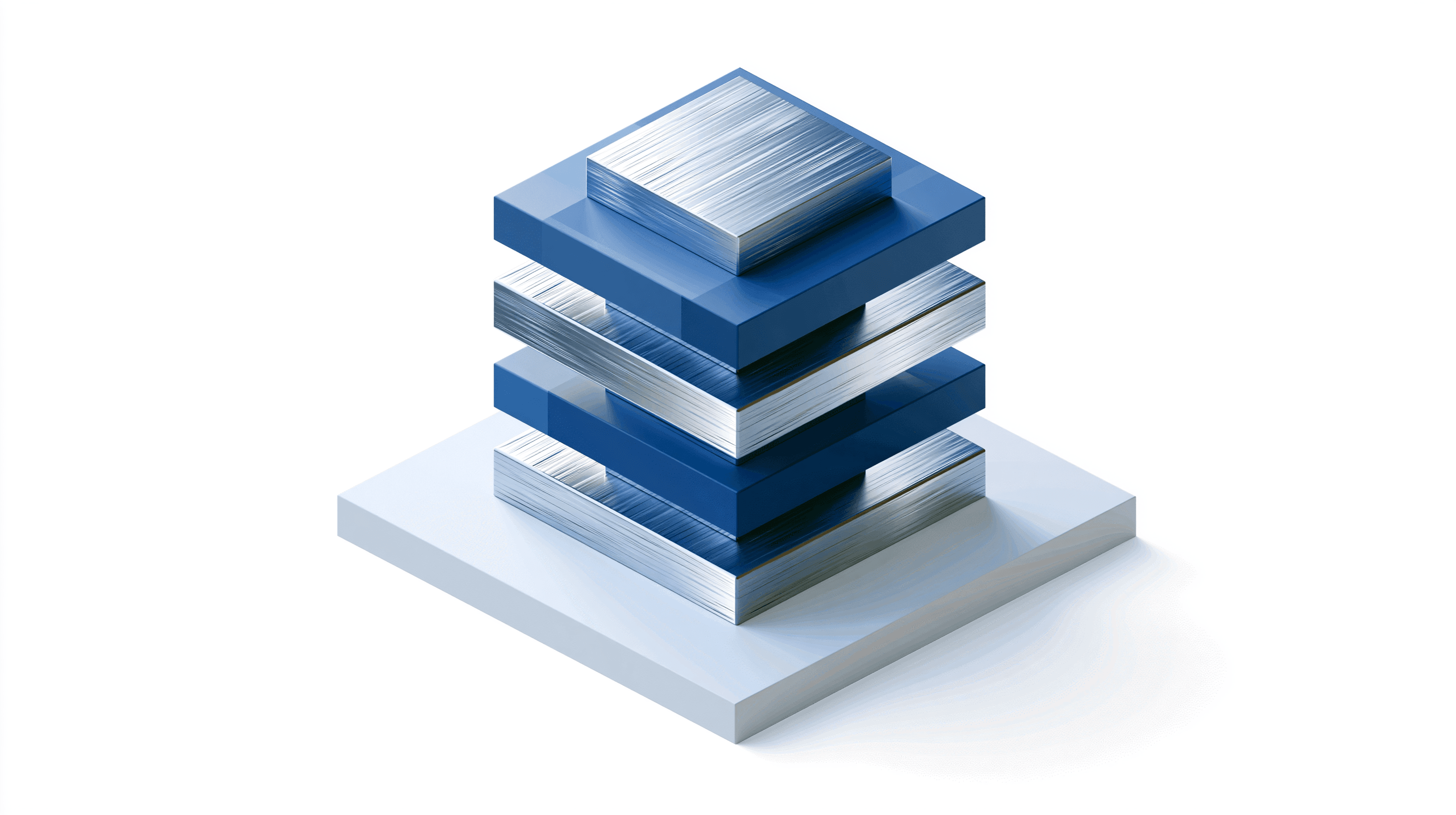 An isometric stack of blue slabs interleaved with stacks of paper, resting on a pale plinth