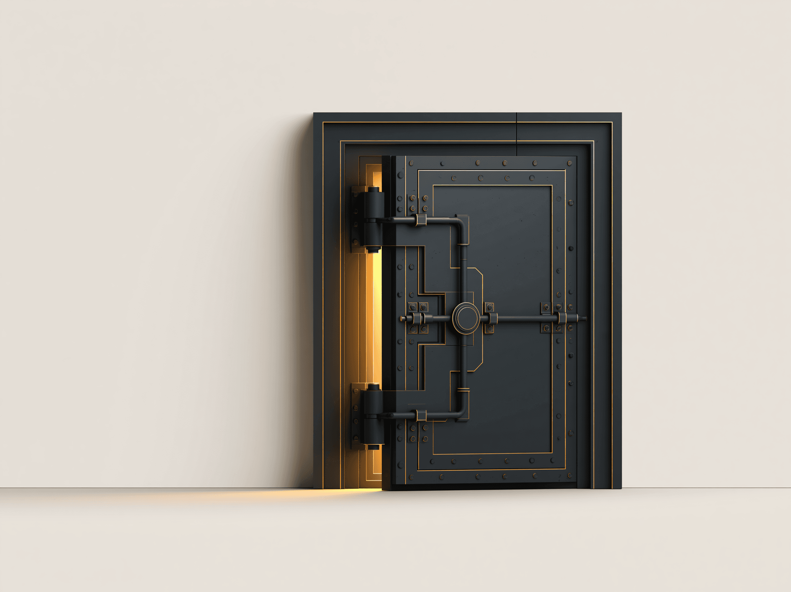 A heavy black vault door standing slightly ajar, warm light spilling from the gap