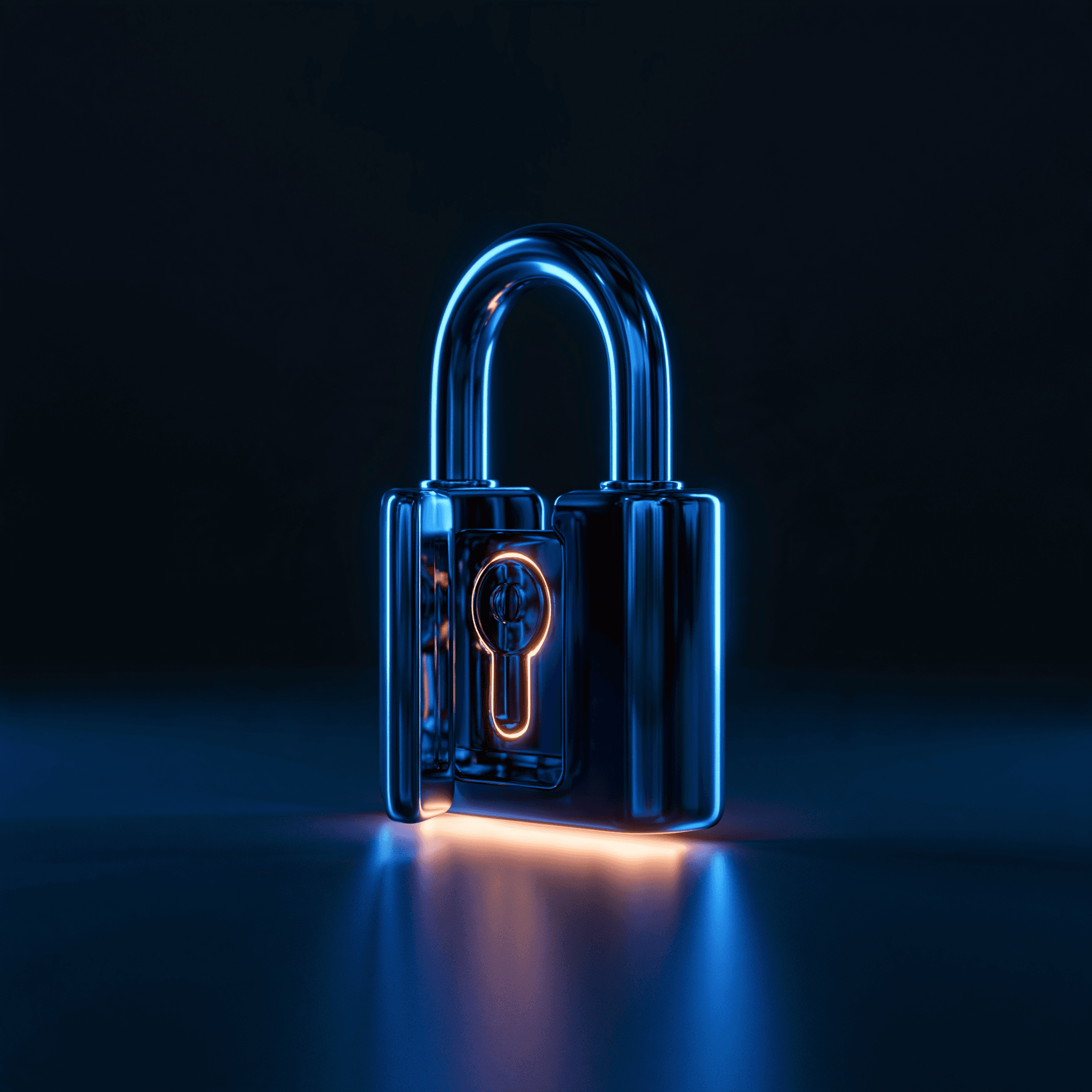 A blue padlock in the dark, its body slightly open and its keyhole glowing orange