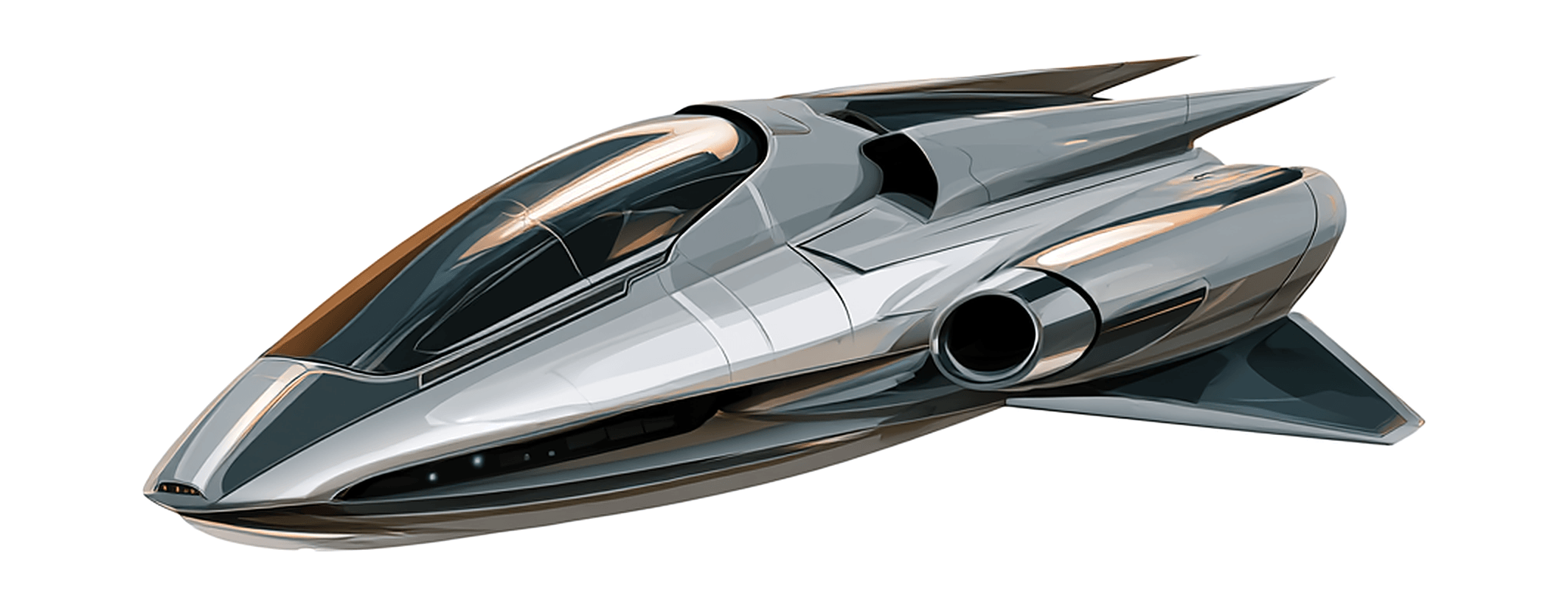 A sleek silver craft in profile, built for speed, at rest against a plain ground