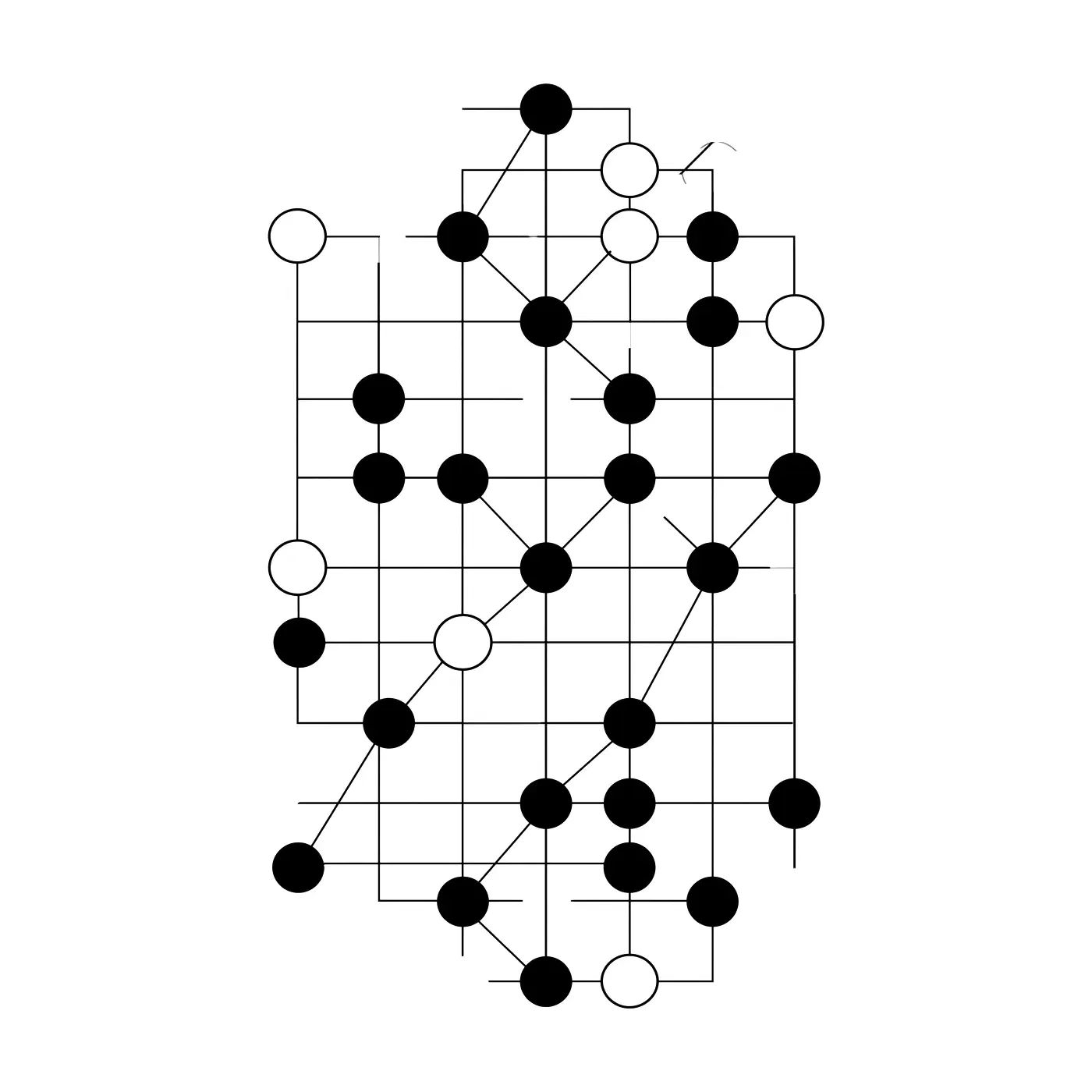 A grid of filled and open circles joined by straight lines running horizontally, vertically and diagonally